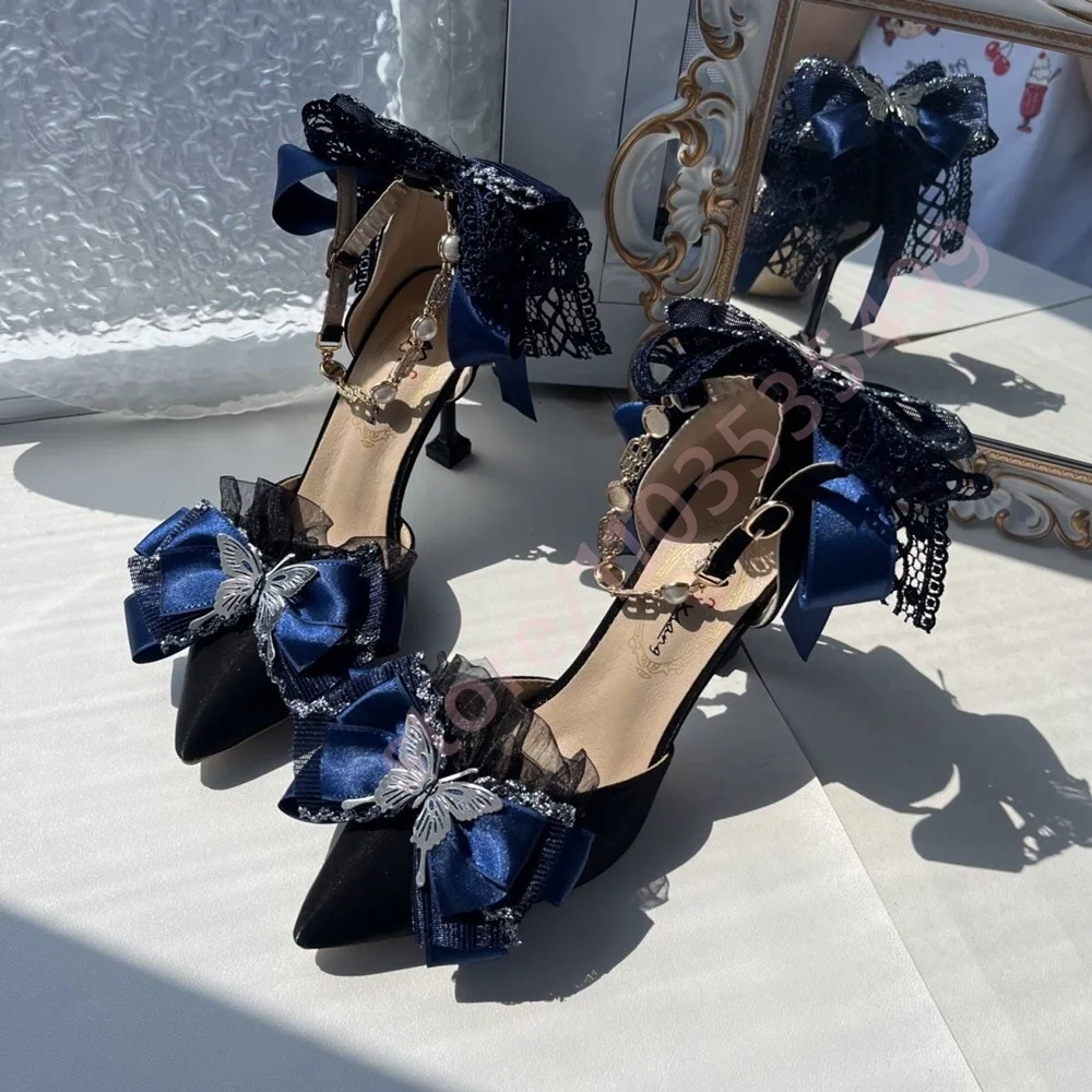 2026 New Satin Pointed Toe Heels Navy Blue Lace Bow Butterfly Rhinestone Ankle Strap Pumps Elegant Wedding Party Shoes for Women view 2