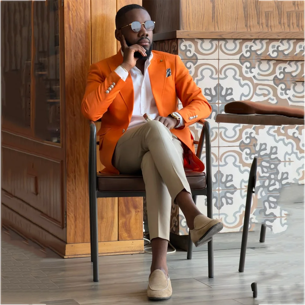 Men Bright Orange Single Button Blazer Pants Suit Slim Fit Two Piece Fashion Outfit Elegant Wedding Guest Party Club Two Pieces