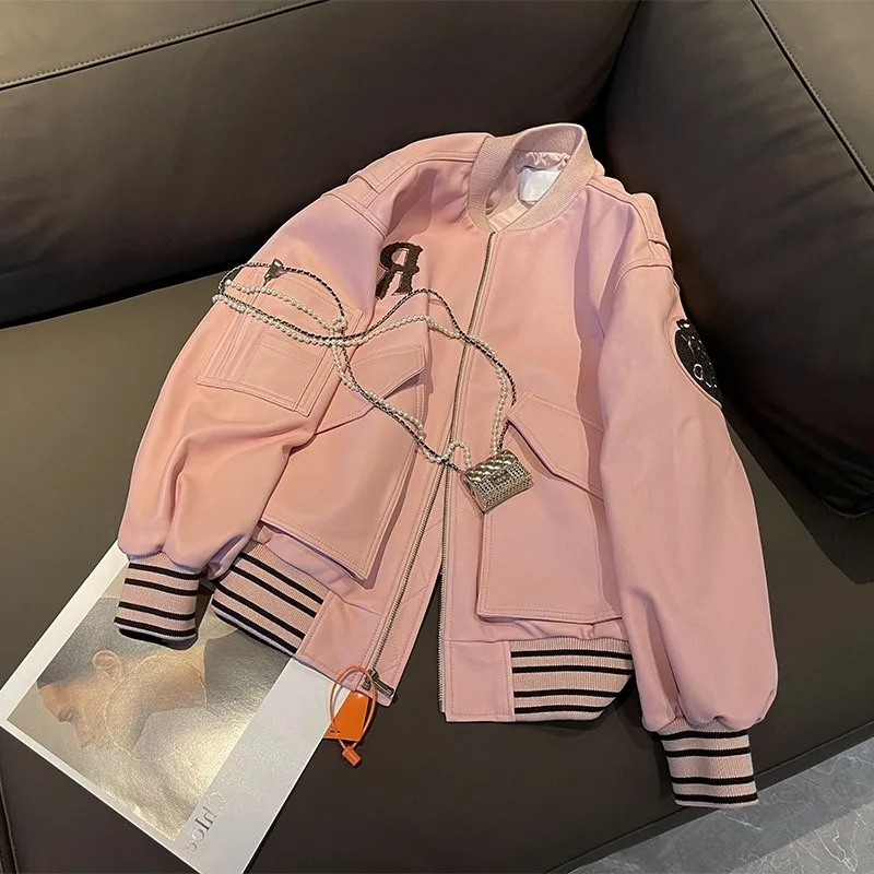 

Корейский шик: свободная розовая куртка-бомбер из искусственной кожи для женщин, зимняя, в стиле слэш, повседневная, трендовая