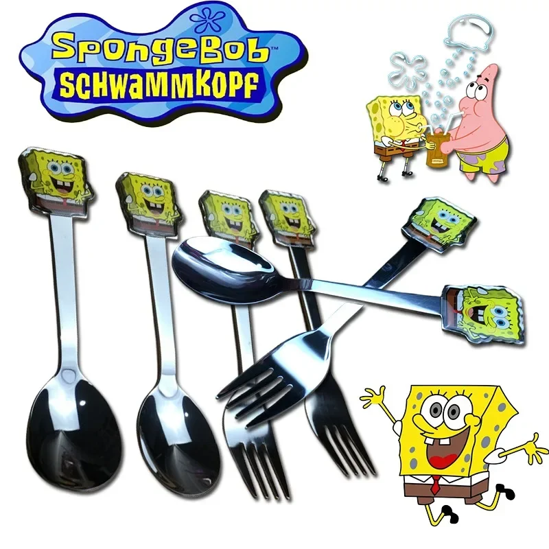 2PCS SpongeBob SquarePants Spoon and Fork Set Cartoon Adult Stainless Steel Cutlery Set Animation Around Spoon Kitchen Supplies