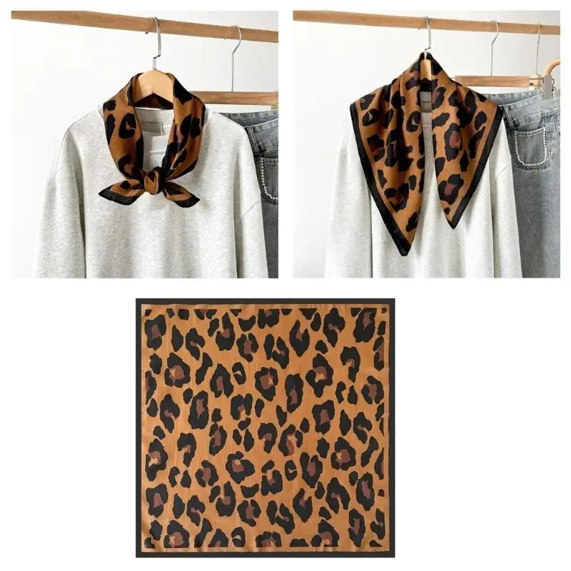

652F Fashion Leopard Print Silk Scarf Comfortable Wear Neck Wrap Scarf for Office