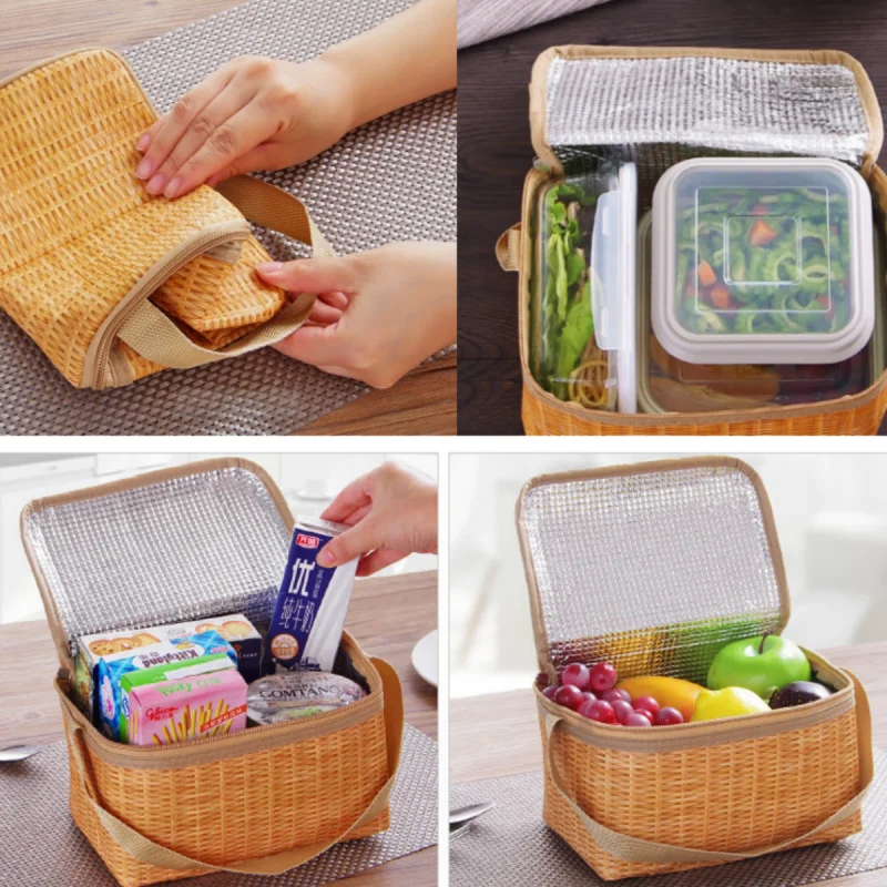 Outdoor Portable Wicker Rattan Picnic Bag, Waterproof Tableware, Insulated Thermal Cooler, Food Container, Basket for Camping