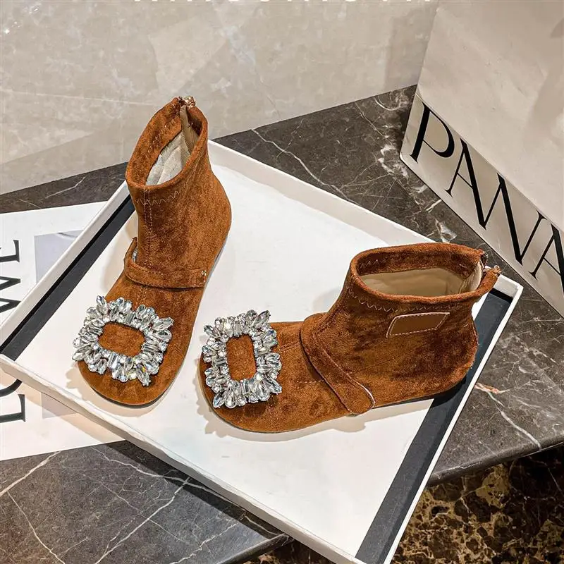 Toddler Girls Shiny Rhinestone Leather Boots 2025 New Autumn Winter Kids Thermal Boots Soft Sole Chic Princess Girls Party Boots