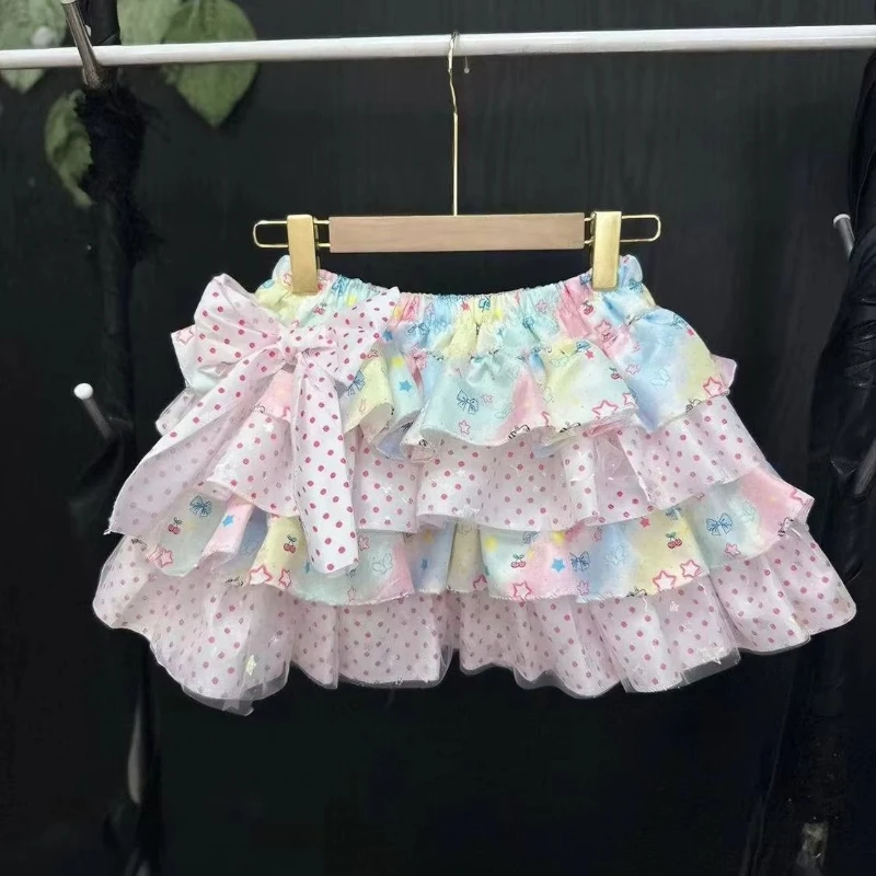 Sweet Kawaii Polka Dot Bow Mini Skirts Women Y2k Aesthetic Patchwork Slim Skirt Y2k Harajuku Ruffled Printing ​Fairy Faldas New