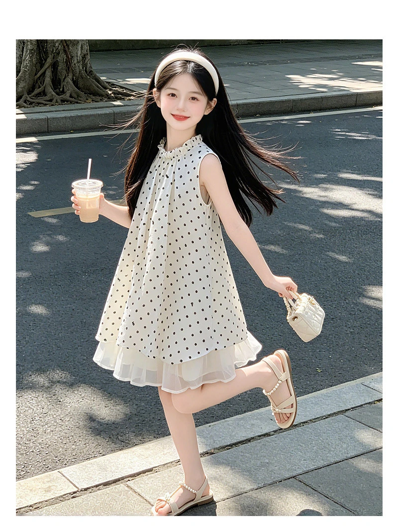 Girls' dress summer children's french polka dot hanging neck dress girls' temperament is slimming sleeveless polka dot dress