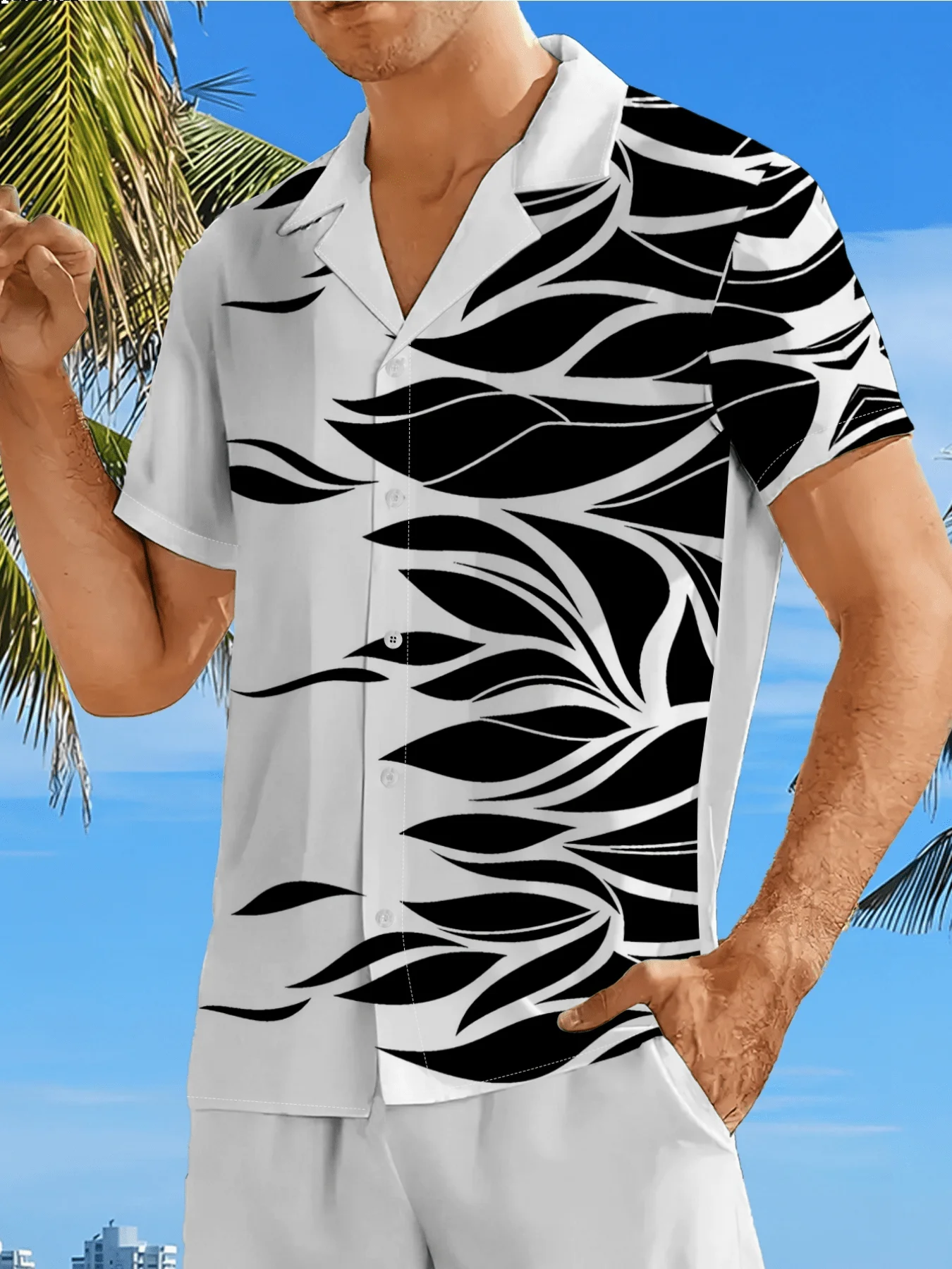 Mens Abstract Black Flame Leaf Print Short Sleeve Button Up Casual Summer Shirt