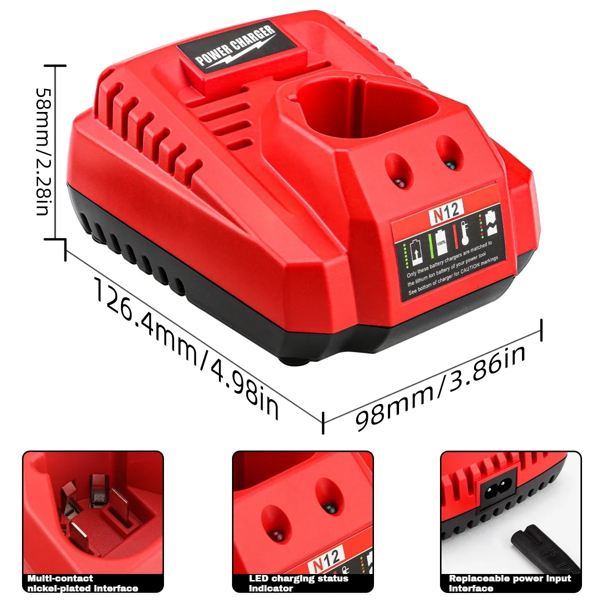 For Milwaukee Milwaukee 12V Charger M12 Battery Charger 3A Rapid Charge Replacement 48-11-2401 48-11-2402 C12B C12BX