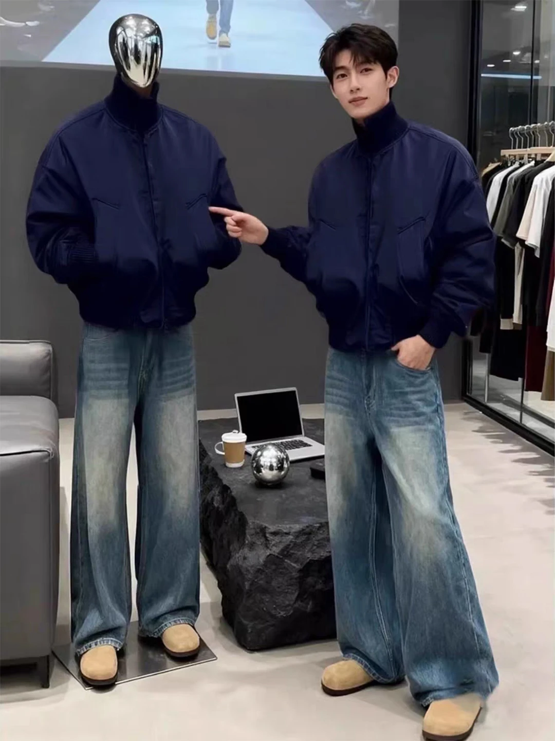 

Мужские широкие джинсы Deep Blue, прямые длинные брюки свободного кроя, в стиле High Street, зимняя мода, американский стиль