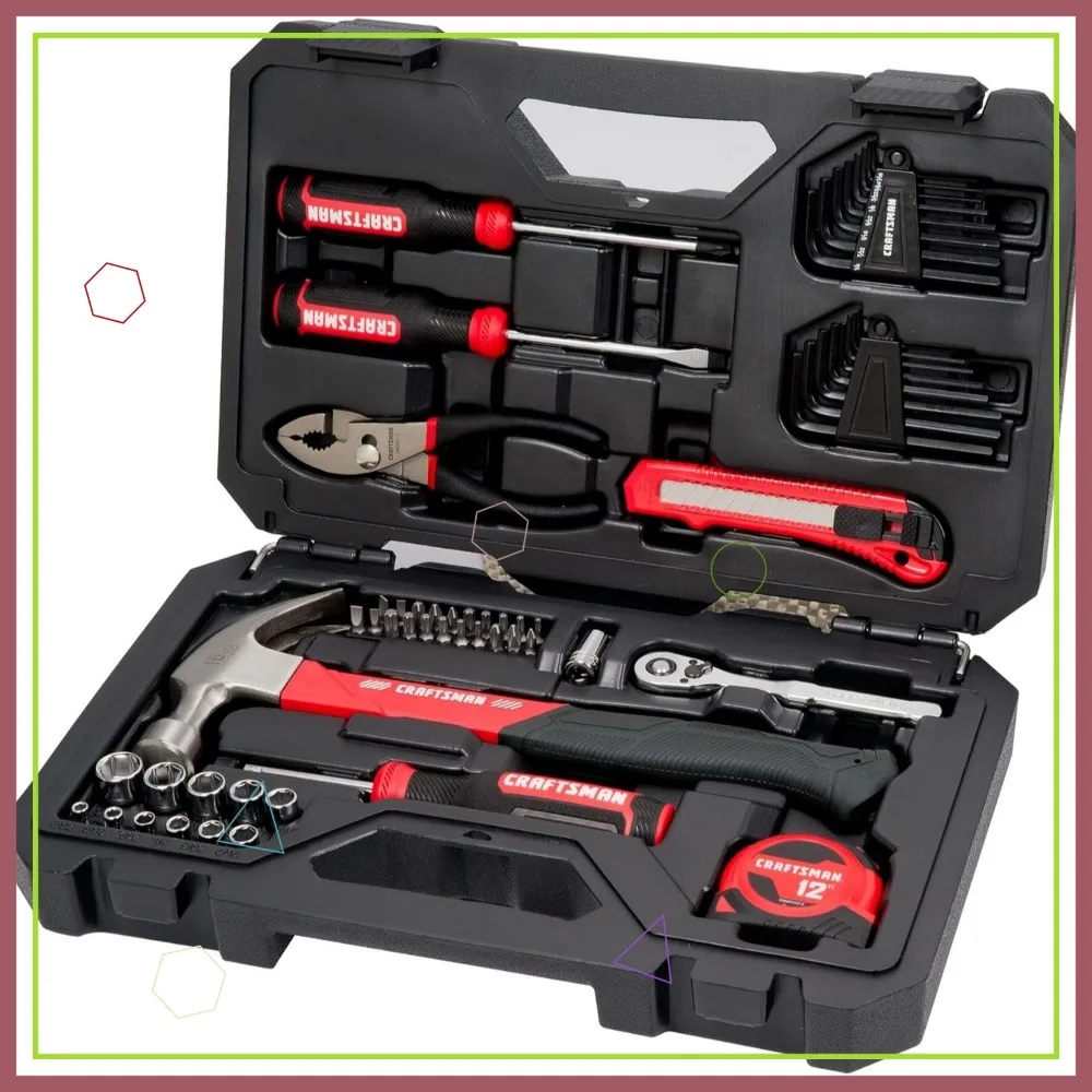 57-Piece Mechanics Tool Set with Sockets, Ratchet, Screwdrivers, Hammer, Pliers for Home and Auto Repair