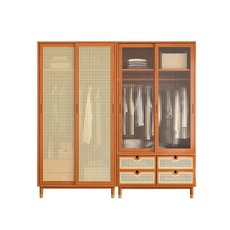 Solid wood double-door wardrobe, bedroom storage locker, household sliding door rattan wardrobe, simple small apartment