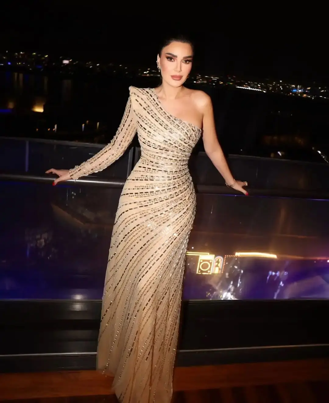 

Ofherown 2026 Luxury Beaded Gold One Shoulder Evening Dress Sheer Long Sleeve Fitted Maxi Prom Gown for Prom Cocktail Party