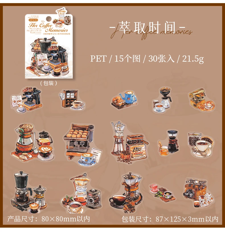 30 Stück PET-Aufkleber für Mädchen, Kaffeezeit, dekorativ, handgefertigt, Scrapbooking-Material, Tagebuch, Album, Bastelbedarf – Detail 14