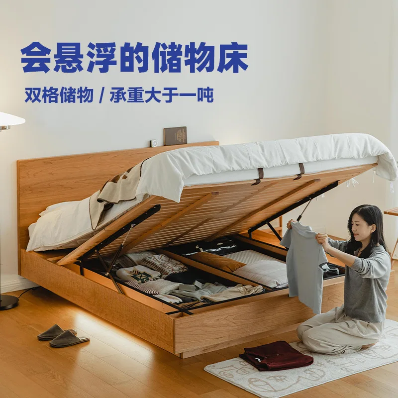 Full solid wood box bed with storage function, Japanese style moisture-proof high box suspension bed