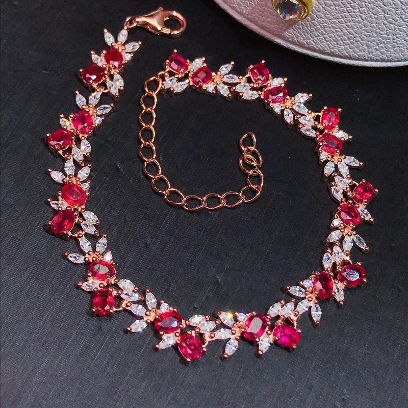 Natural Heated Ruby Tennis Bracelet 4x3mm Oval Cut 925 Silver Rose Gold Plated Leaf CZ Accent Adjustable Bracelet
