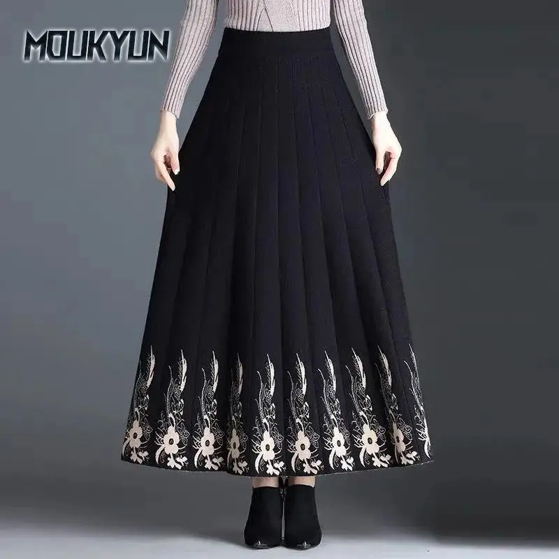 

Черные вязаные длинные плиссированные женские юбки с цветочным принтом, корейская мода, зима-осень, винтажная юбка с высокой талией