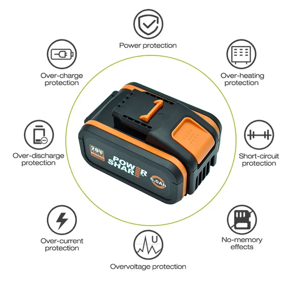 For 20V Battery 6000mah Li-ion for Worx WX390/WX176/WX166.4/WX372.1 WX800/WX678/WX550/WX532/WG894E WG629E/WG329E/WG2