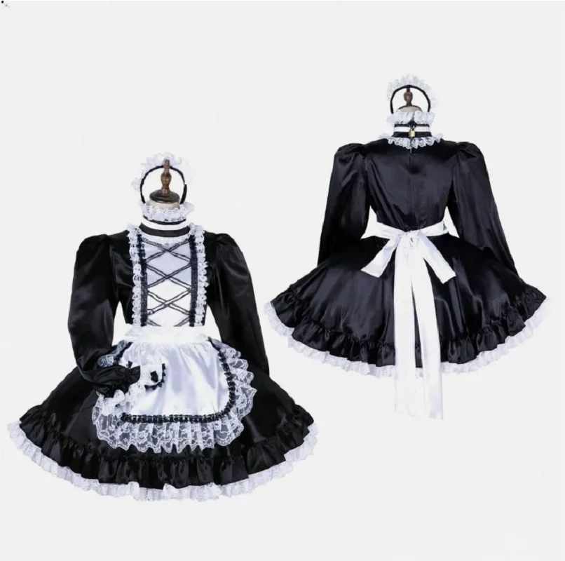 

Maid Girl Sissy Lockable Black satin long sleeve Dress cosplay costume Tailored