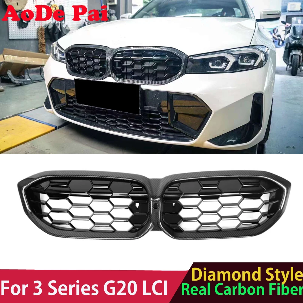 

2023 2024 G20 Grille Real Carbon Fiber Diamond Radiator Style Front Bumper Mesh Grill for BMW 3 Series G20 G21 LCI M340i M340d