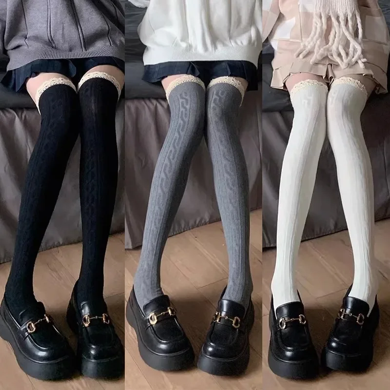 Vintage Women JK Lace Trim Socks Lolita Stockings Knitted Pattern Girls Cute Elegant Solid Color Winter Warmer Floor Sox Hosiery