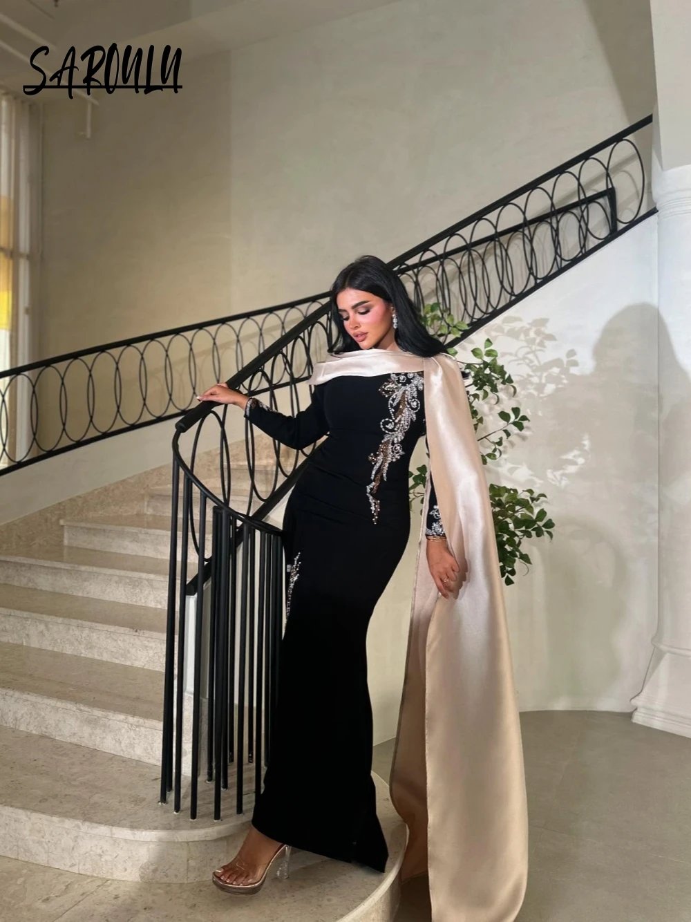 Black Velvet Long Sleeves Evening Dress Kaftan Prom Gown Women Wedding Party Elegant Customized Simple Caftan Cocktail Gown