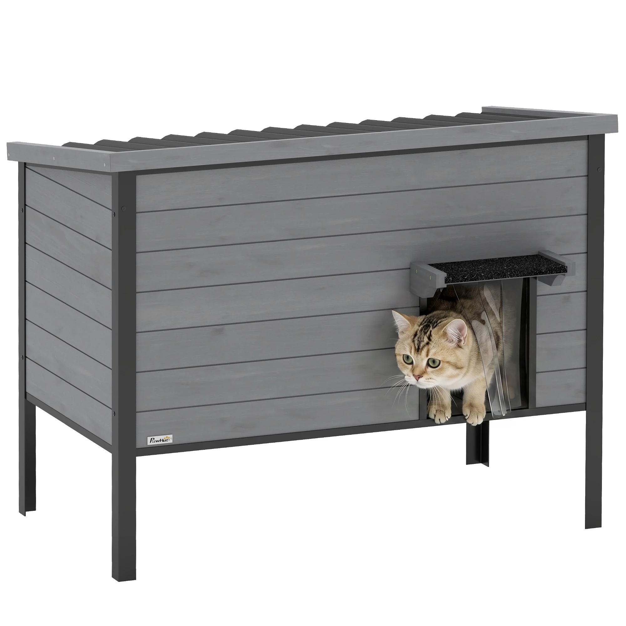 PawHut Casetta per Gatti Resistente alle Intemperie in Legno con Tetto Apribile Grigia
