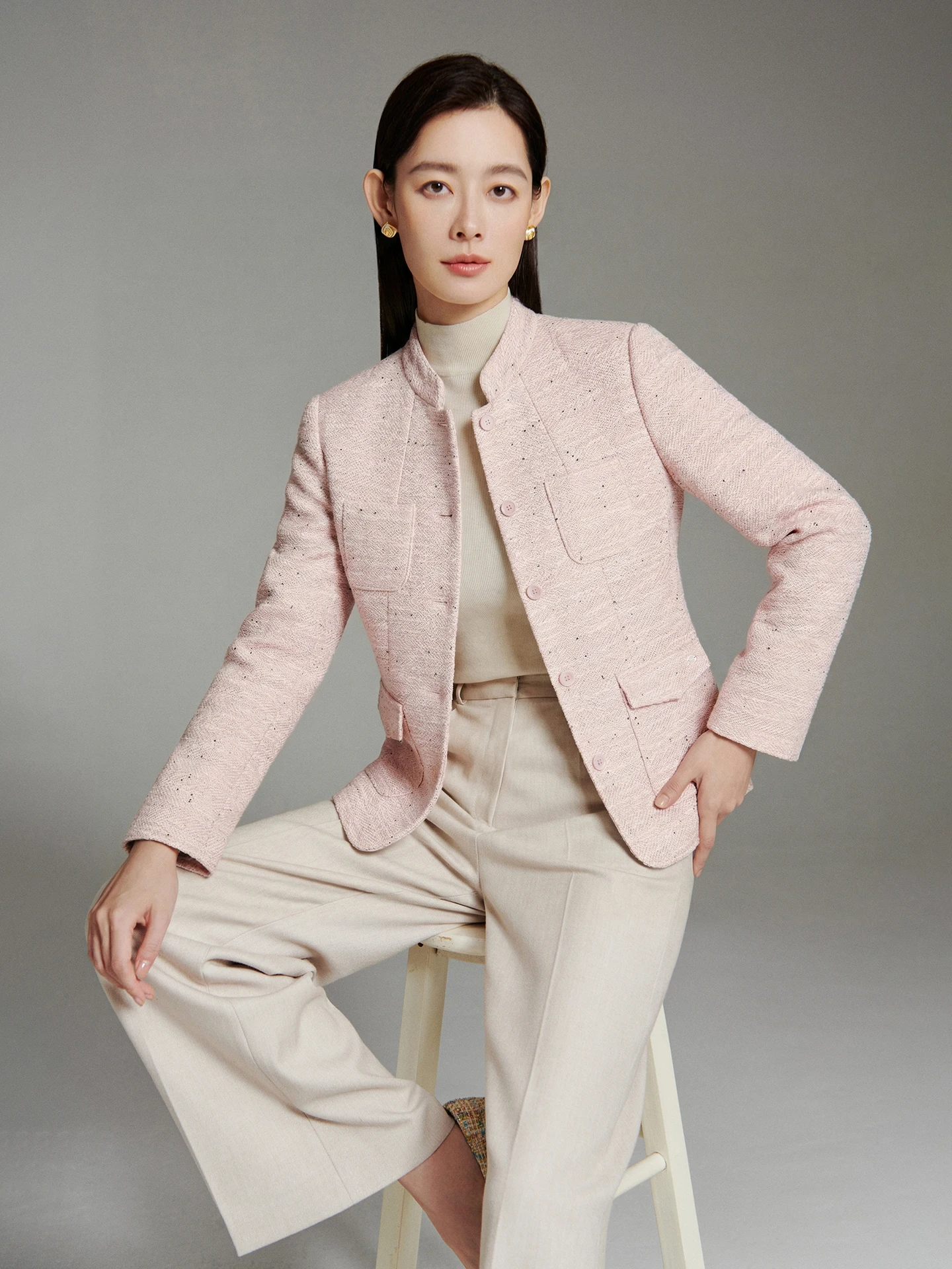 

CVANEA Silk Wool Short Casual Women's Jacket Waist-Cinching Versatile Commute Style Long Sleeve Button Detail Full Lined