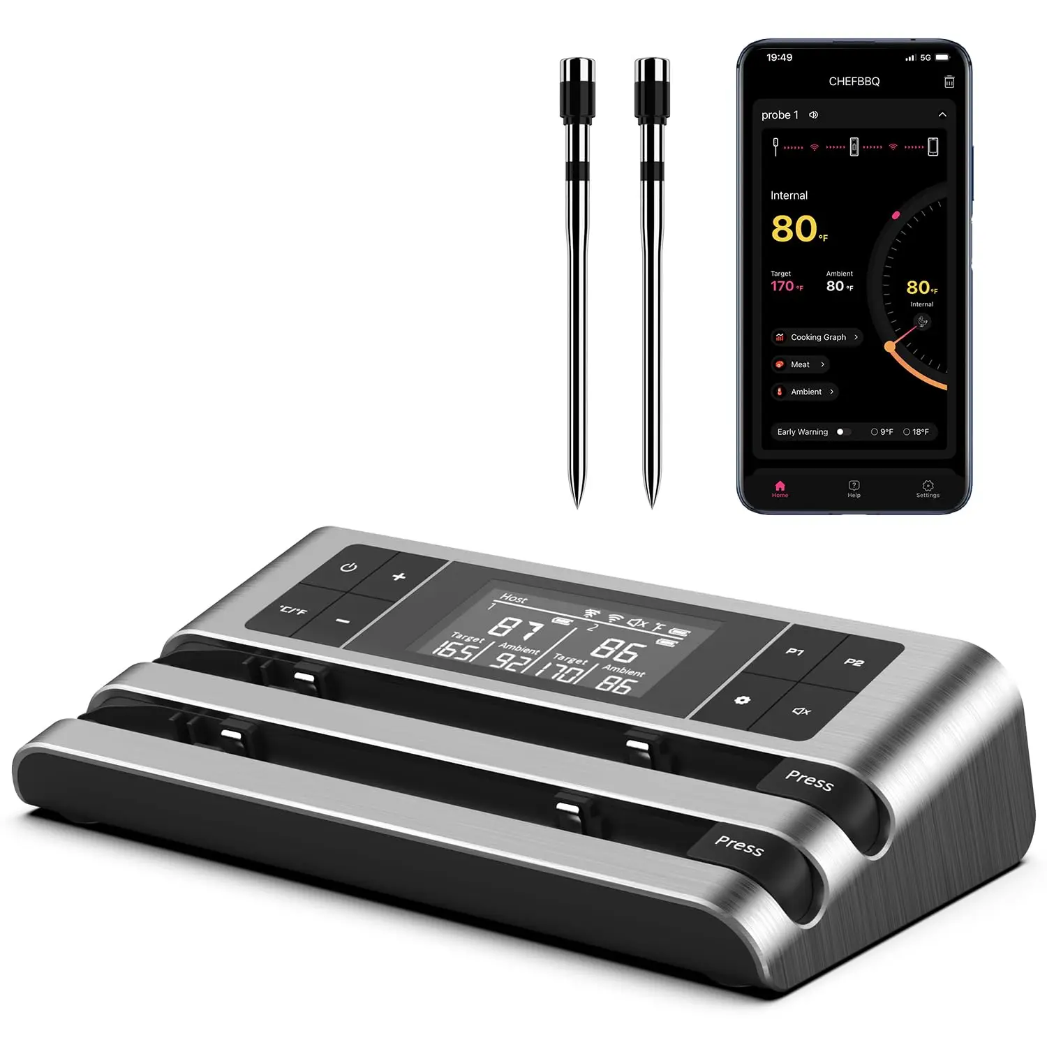 Wireless Smart Meat Thermometer with Dual-Sensor Probe, 500FT Remote Monitoring, Dedicated App, Real-Time Ambient and Food