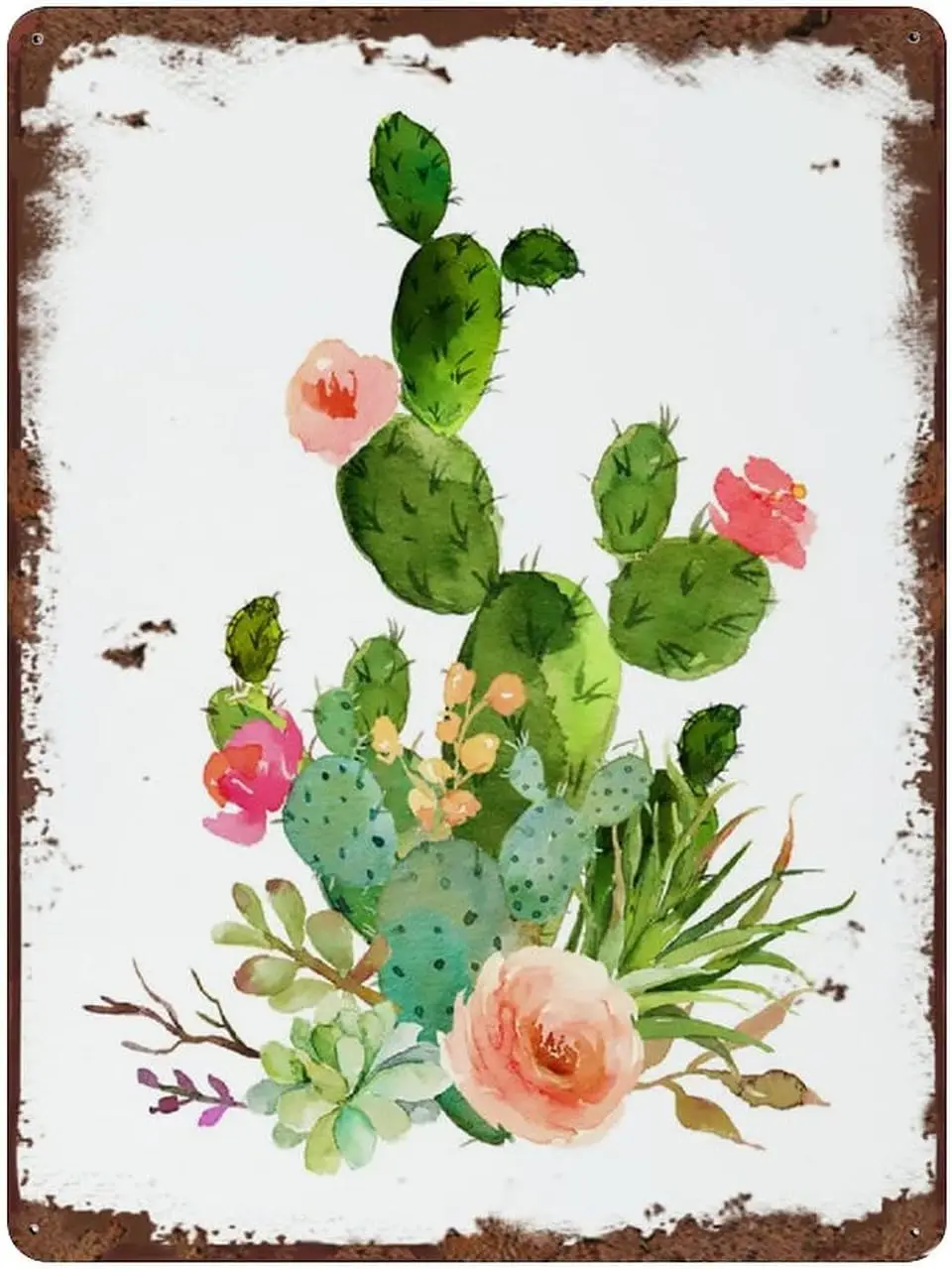 Succulent Bouquet Square Vintage Tin Sign Decorable Cactus Wall Art Southwestern Floral Decor Cacti Art Succulent Wall Sign Deco