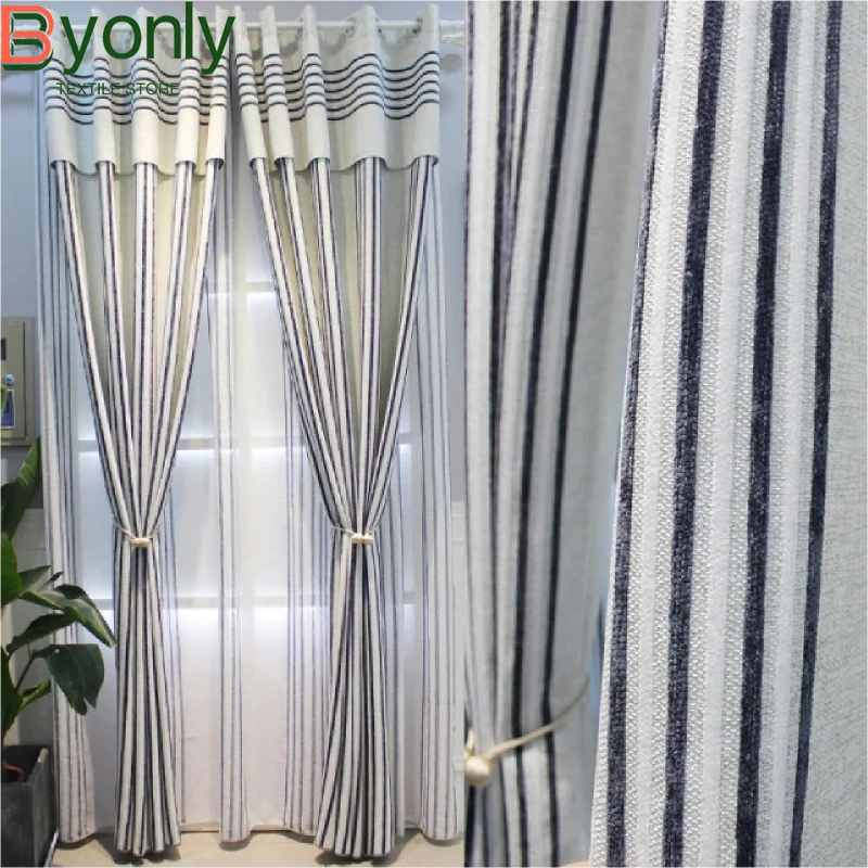 

Customized Japanese Blue Gray Striped Window Screen Chenille Linen Thickened Blackout Curtains for Living Room Bedroom French