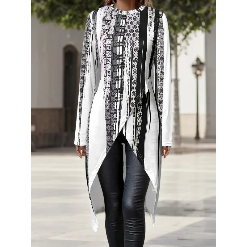 Elegant Directional New Spring/Autumn/Winter All-Over Print Crew Neck Women's Long Sleeve Longline Top
