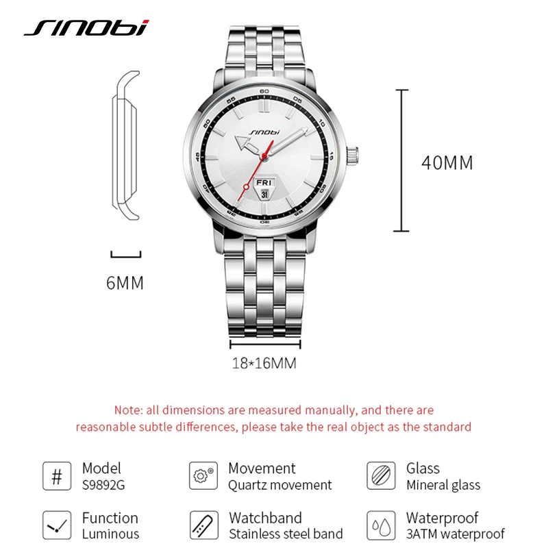 SINOBI Top Brand Men\'s Quartz Watches Fashion Design Man\'s Wristwatches Calendar Weekly Display Top Luxury Gifts Clock Stainless