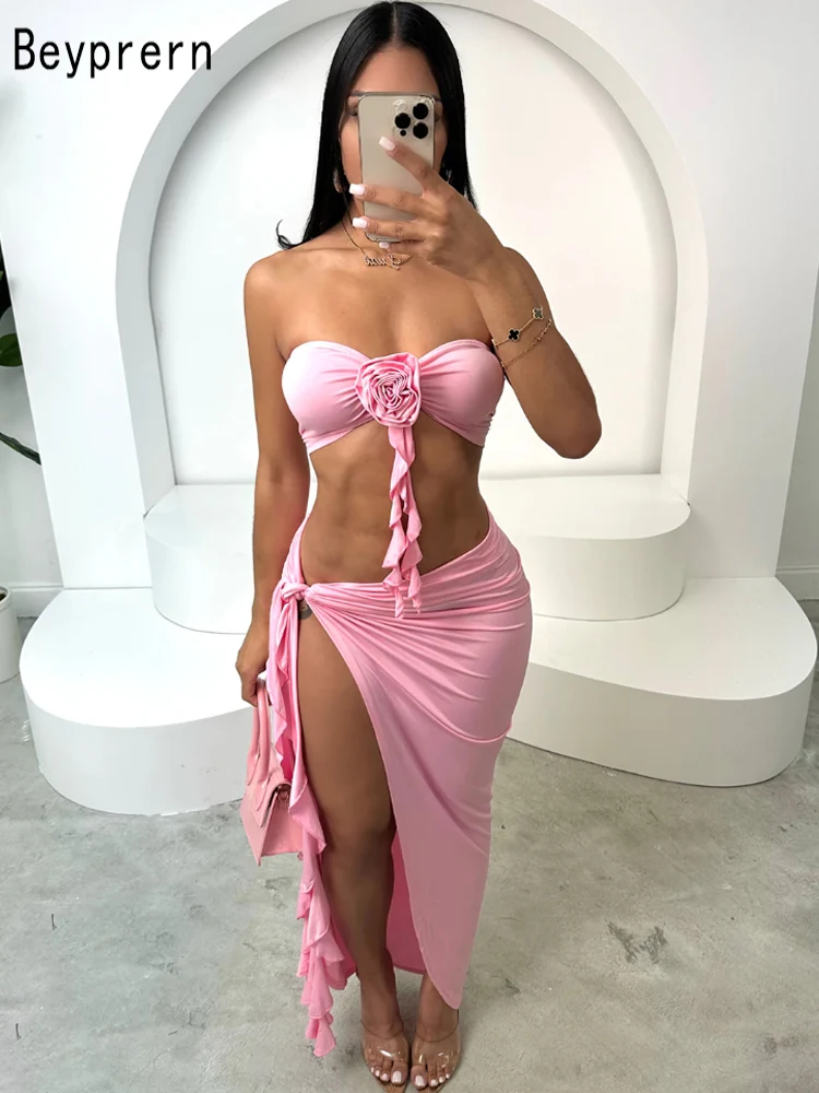 

Beyprern Perfect Rose Flower Skirt Set Pink Co-ord Sets For Women Flower Tube Pleated Tank Top And Lace Up Slit Wrap Skirt Set