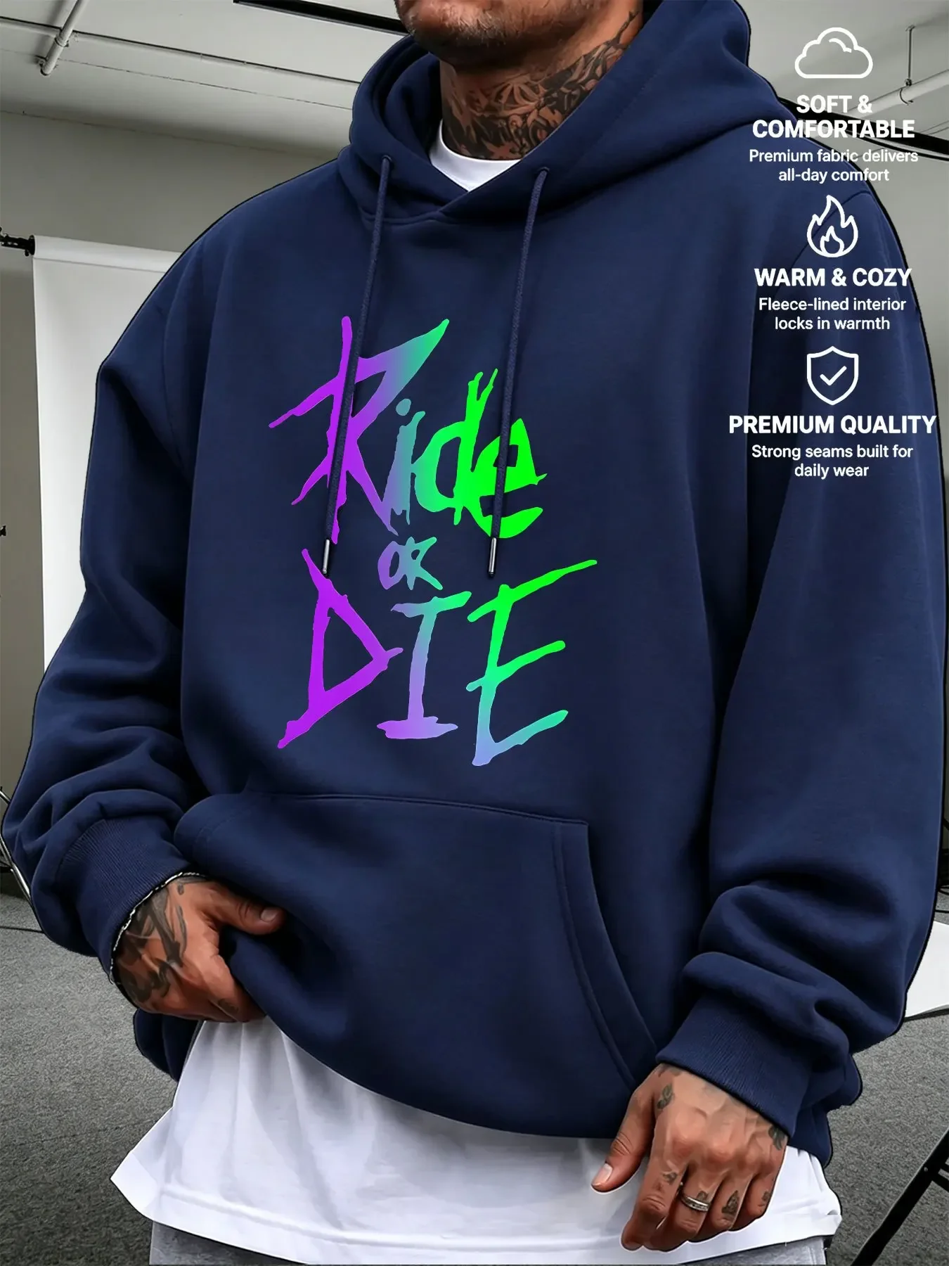 Men Vintage Ride Or Die Sports Hoodie Gradient Neon Letter Print Biker Graphic Oversized Pullover Sweatshirt Y2K Streetwear
