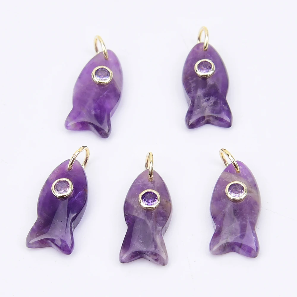 

APDGG 5 Pcs 12x24mm Natural Semi-Precious Stone Purple Amethyst Quartz Fish Shape Charms Pendant Beads Jewelry Making DIY