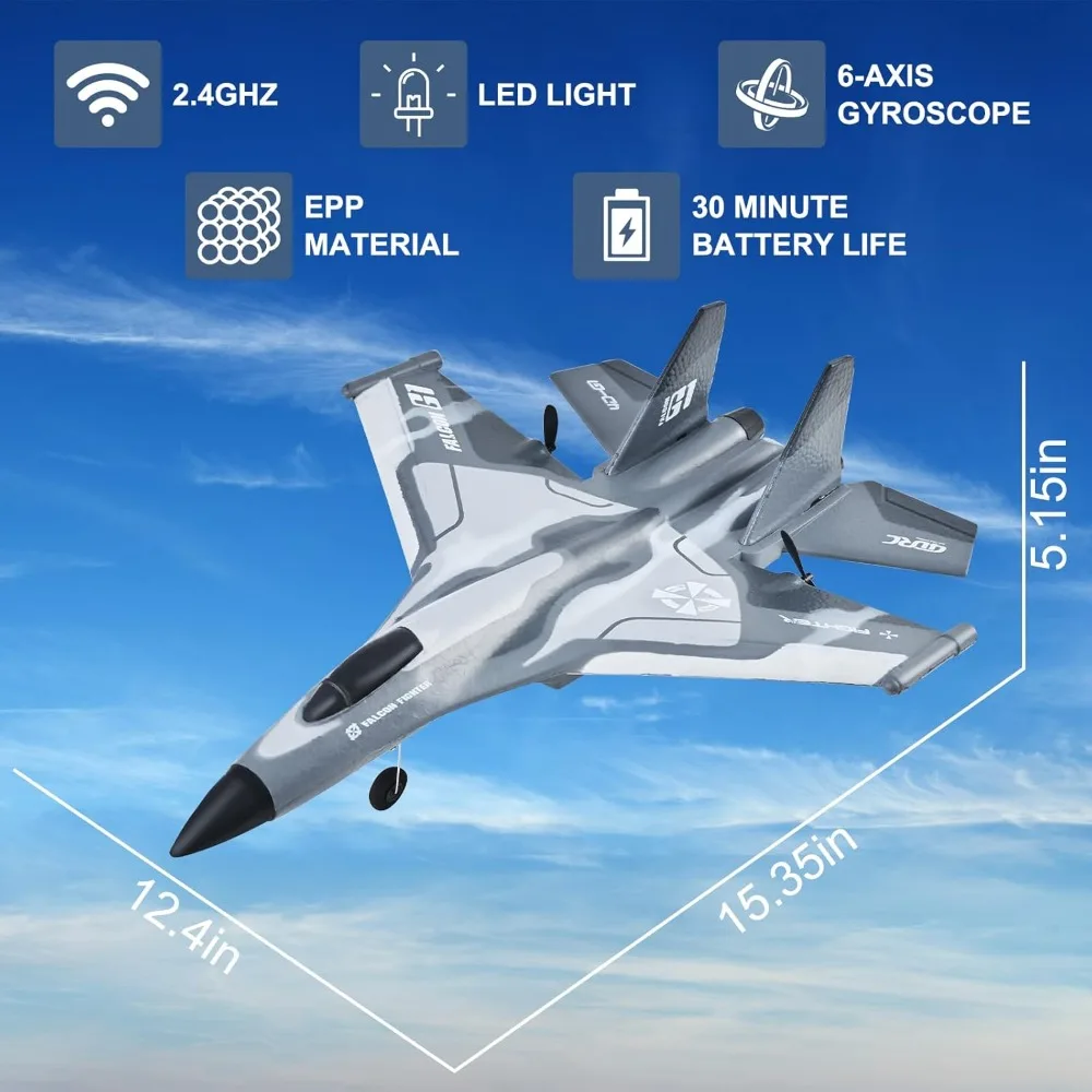 Avión RC de espuma de 2 canales de 2,4 GHz con giroscopio de 6 ejes y luces LED