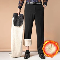 29-42 Men Winter Thick Business Casual Suit Pants Warm Fleece Solid Casual Straight Trousers Elastic Slim Fit Formal Dress Pants
