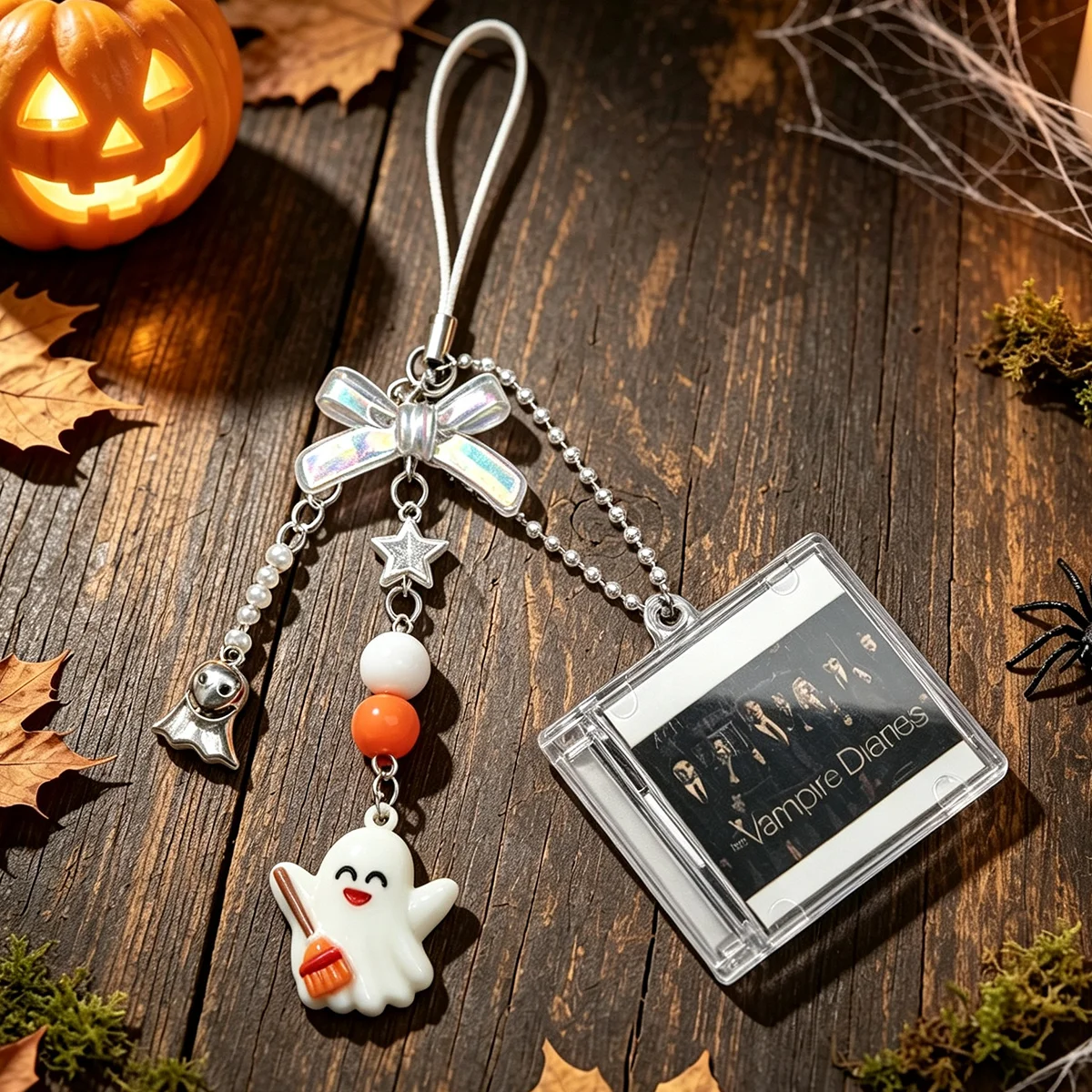 Mini CD Case Phone Charm, Halloween Ghost Bow Bead Charms, Custom Photo Album Strap Pendant for TV Show Fans