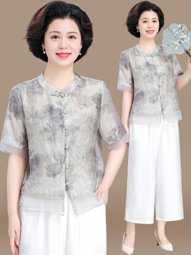 

Модный летний комплект из хлопка и льна для мам: рубашка с коротким рукавом и брюки для женщин среднего и старшего возраста