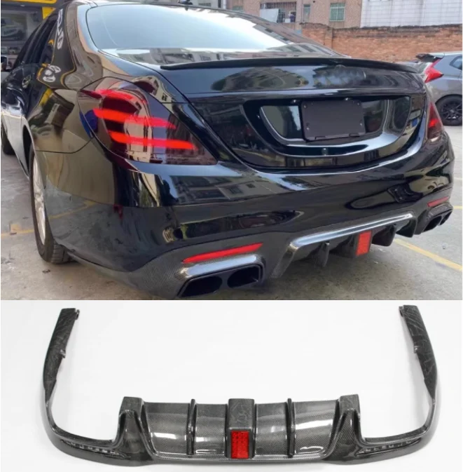 

For Mercedes-Benz W222 S-Class S63 S65 AMG 2018-2020 Real Carbon Fiber Rear Bumper Lip Diffuser Spoiler With Exhaust Tips