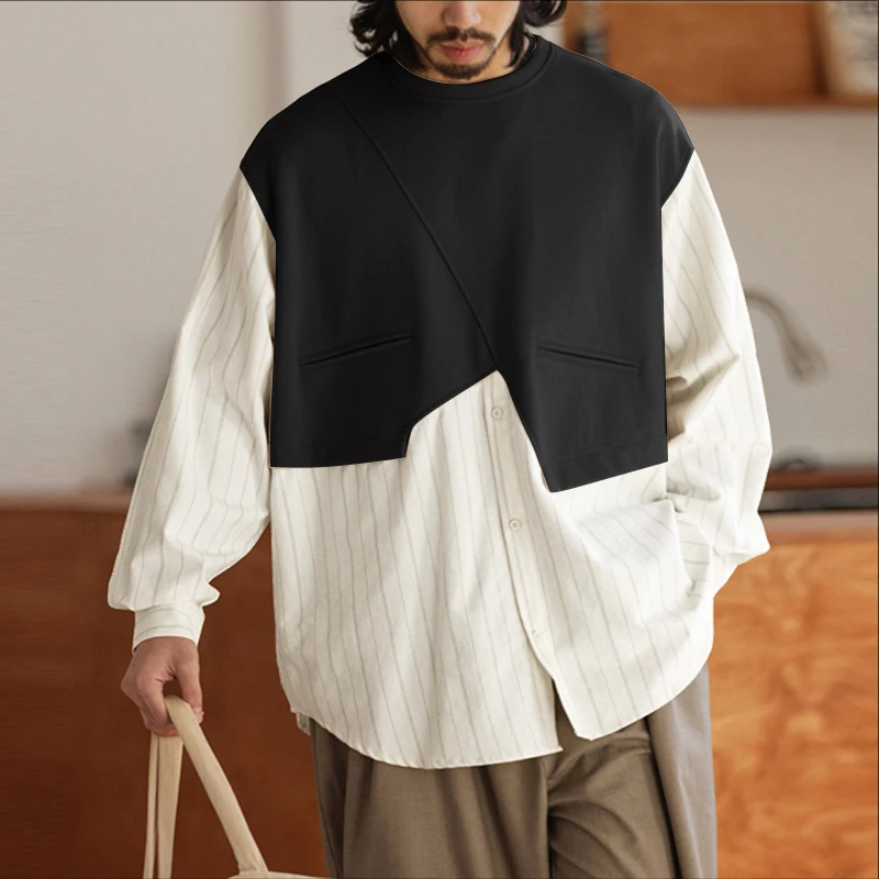 INCERUN Kemeja Pria Bergaris Patchwork Kerah O Lengan Panjang Oversize Pakaian Pria Streetwear 2025 Fashion Kasual Atasan Pria