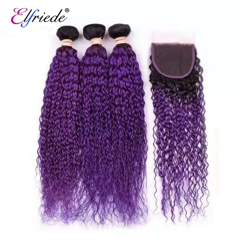 Elfriede #T1B/Purple Kinky Curly Ombre Color Hair Bundles with Closure 100% Remy Human Hair Weft 3 Bundles with Lace Closure 4x4