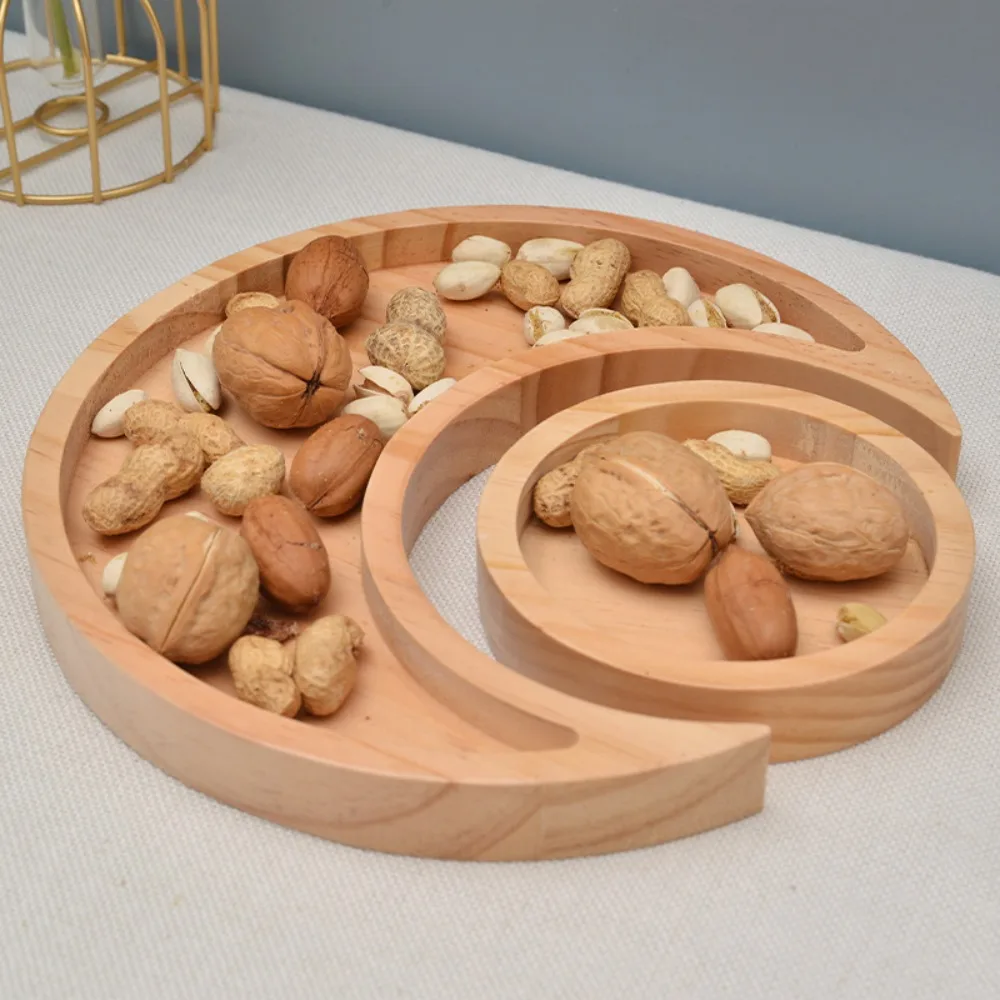 Crystal Display Plate Crescent Shaped Ramadan Snack Tray with Round Dish Durable Eid Serving Tray Wooden Moon Candy Plate Fruit