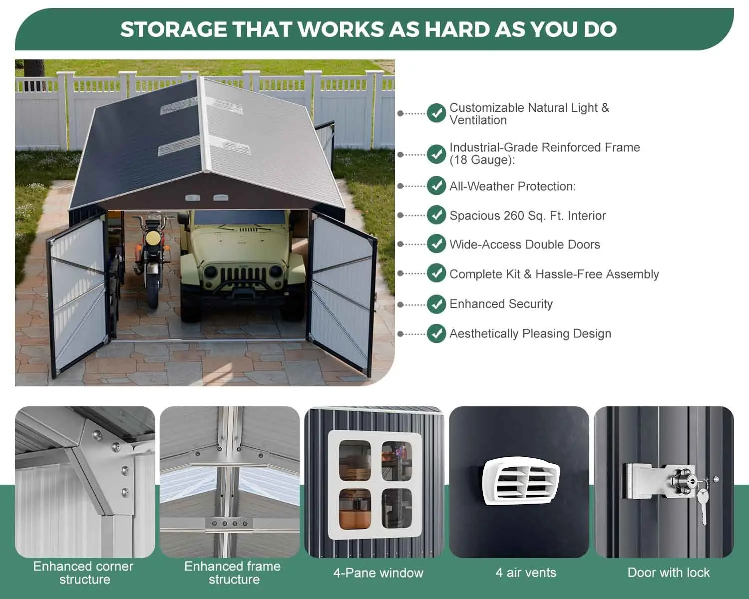13x20 FT Metal Carport & Shed with Floor & 4 Windows, All-Weather Garage for Car Truck Bike Equipment, Customized