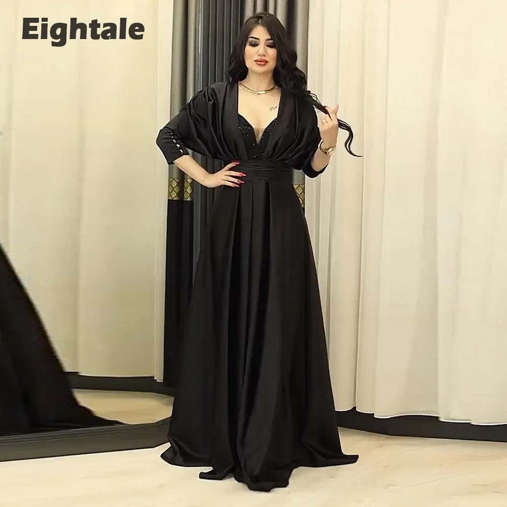 Eightale gaun malam Arab, hitam leher V lengan panjang manik-manik A-Line Satin acara Formal gaun pesta Prom jubah Soiree