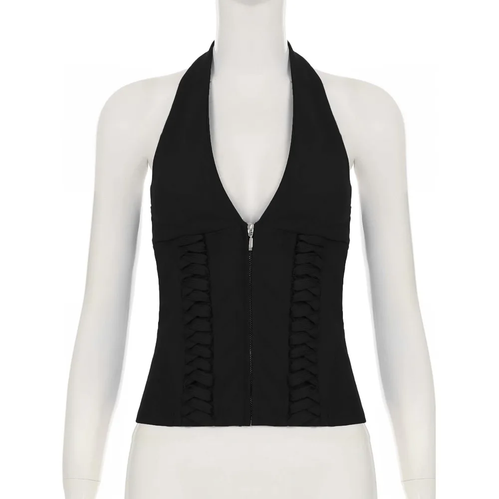 

Deep V Neck Sleeveless Crop Top Solid Color Tie Up Waist Strap Halter Vest Top Streetwear Korean Ins Y2K Women Camisole Dance