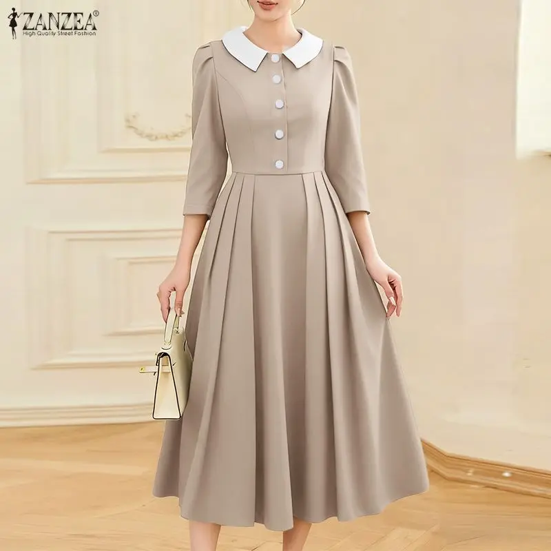 2026 ZANZEA Sommerkleid Stilvolles Einfarbiges A-Linien Partykleid Damen Elegantes Reverskragen 3/4 Ärmel Plissiertes Kleid Midi Vestidos