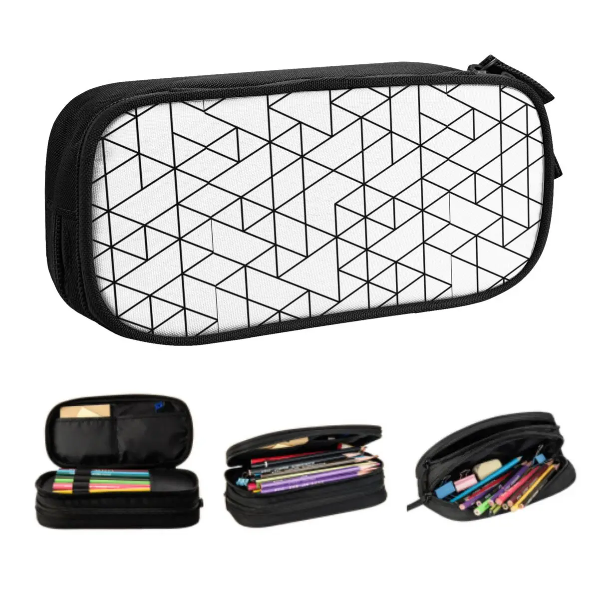 Custom Geometric Black And White Triangles Pencil Cases for Boys Big Capacity Abstract Graphic Pattern Pen Bag Box Stationery