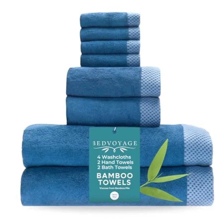 

Luxury Bath Towels Set of 8 - Viscose from Bamboo - Indigo - Ultra Soft Plush Highly Absorbent for Spa and Body Use