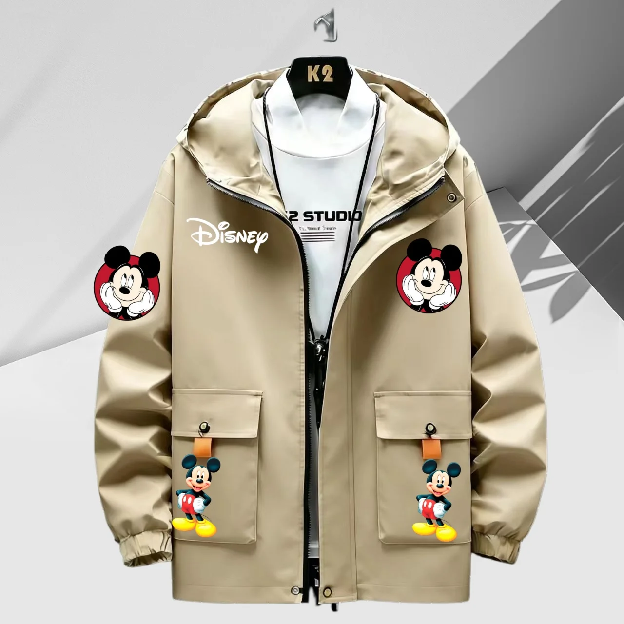 

Disney Mickey Mouse Print Hooded Jacket Men Women Casual Streetwear Windbreaker Coat with Cartoon Pattern for All Seasons