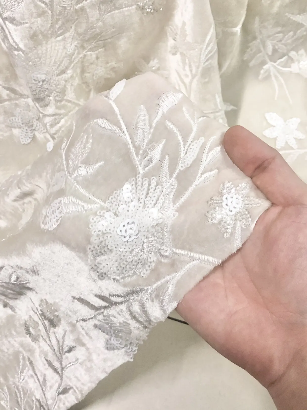 Ivory Floral Embroidered Silk Velvet Designer Fabric Silk Textile for Evening Dress Sewing, Custom Dressmaking Cloth
